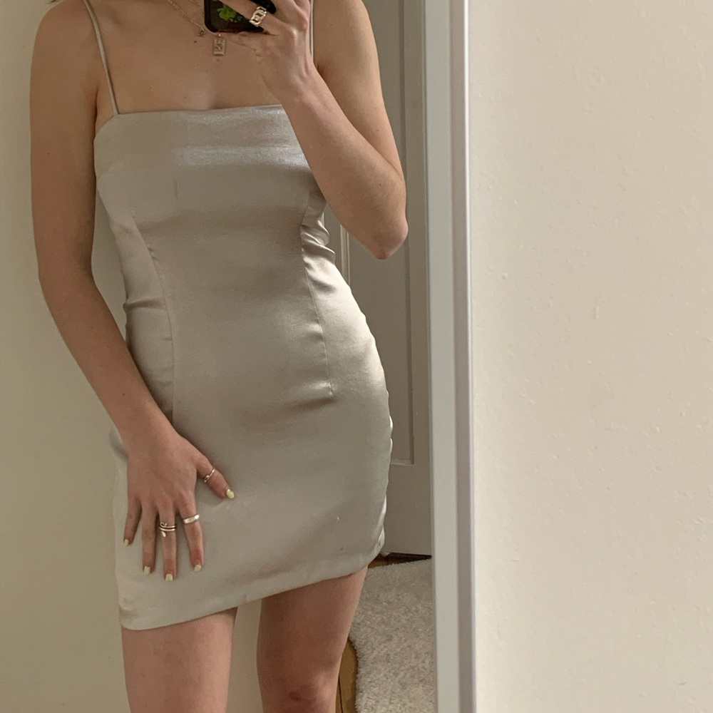 OLIVACEOUS SATIN SILVER GORGEOUS MINI DRESS